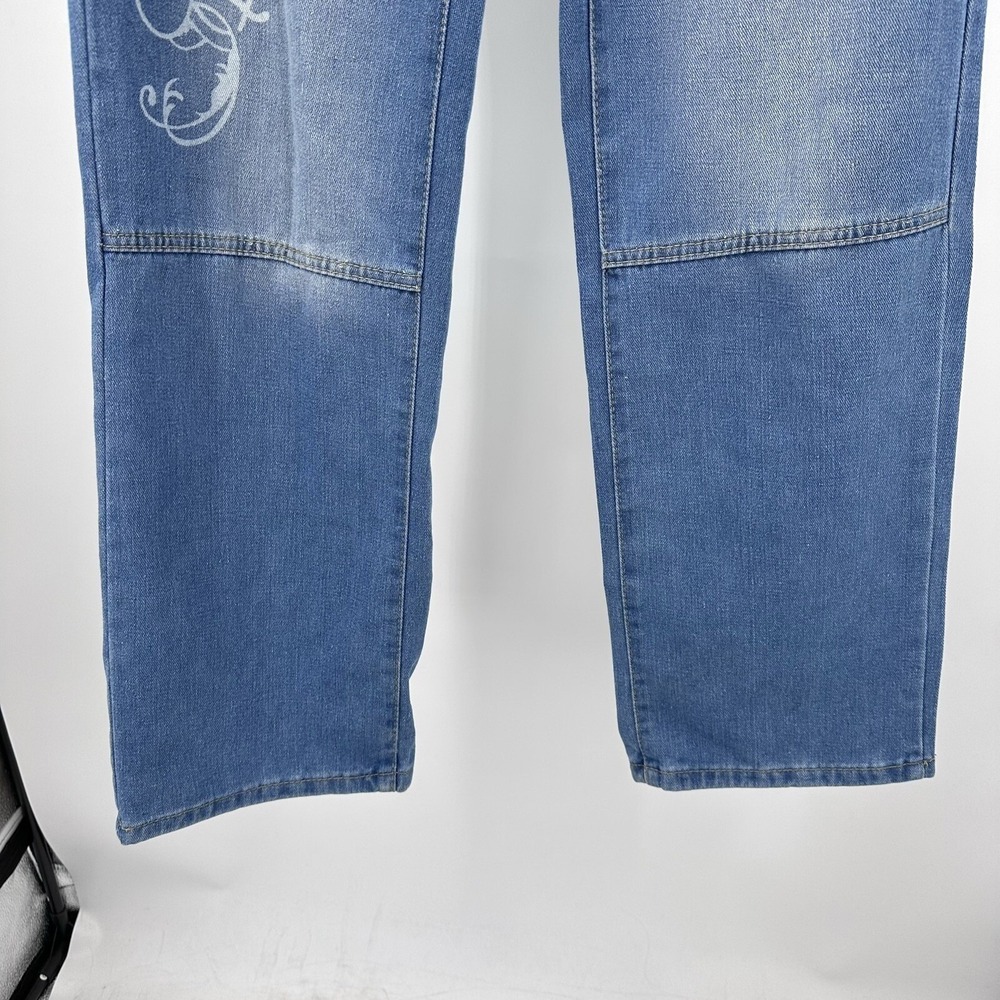 Womens Denim Jeans Size M Embellished Heart Tribal Design Straight Leg Whiskered - Picture 6 of 8